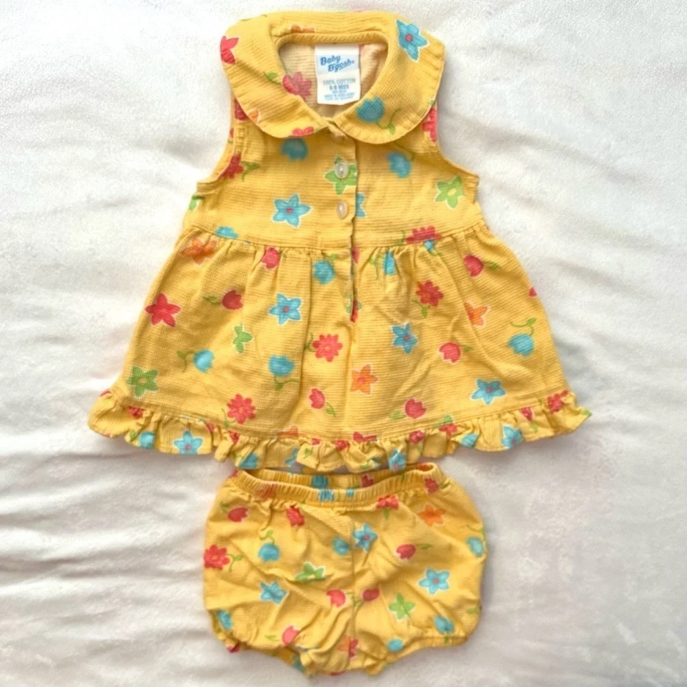 Vintage Baby B’gosh OshKosh 2pc Set Yellow Dress & Bloomers Flowers 6-9M Rare